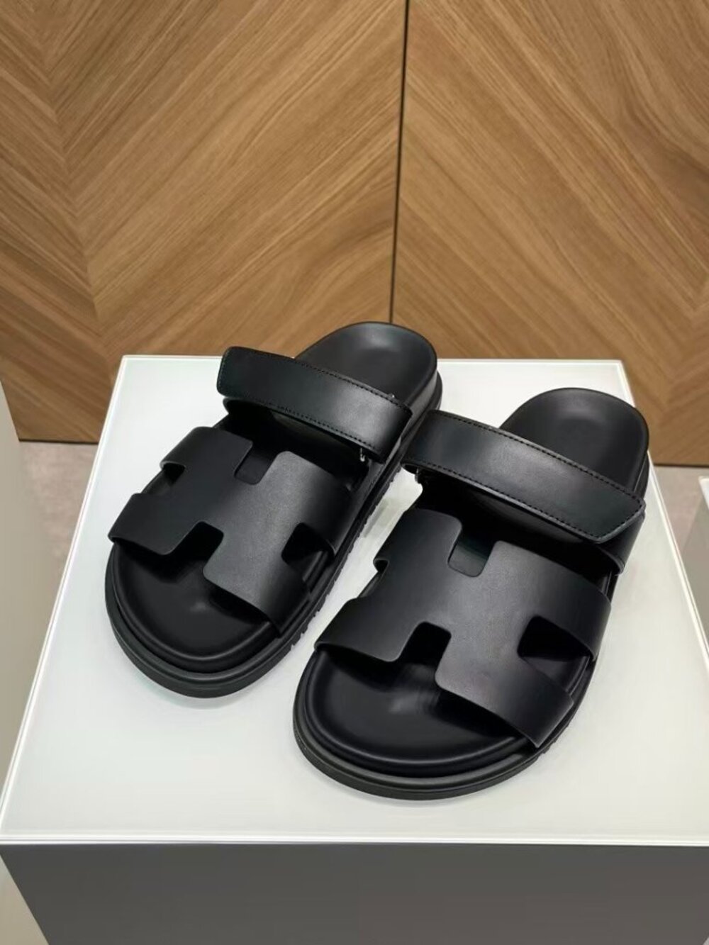 Hermès Chypre Black Leather H Cutout Sport Slide Sandals